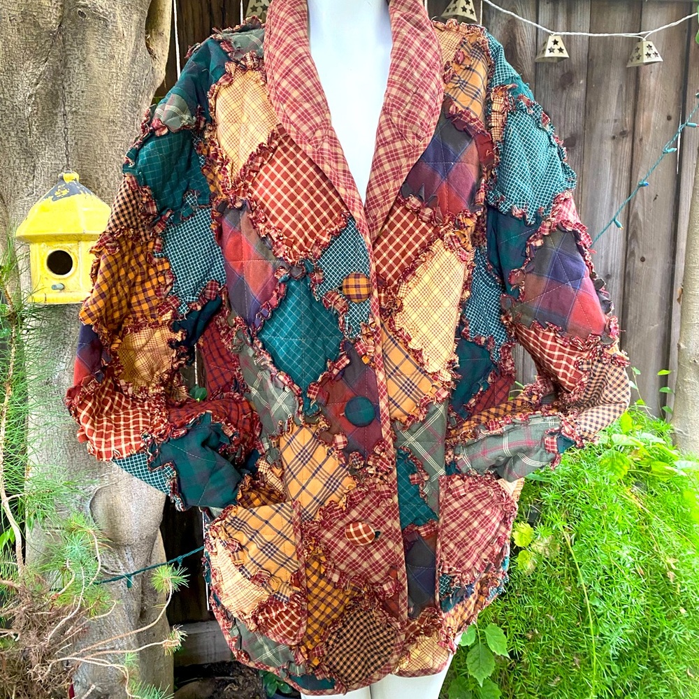 Boho chic quilted patchwork jacket tartan print frayed frays